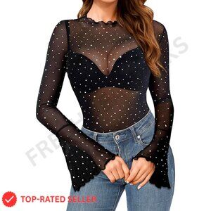 Sheer Mesh Long Sleeve Blouse Mock Neck Rhinestone Y2K Party Top